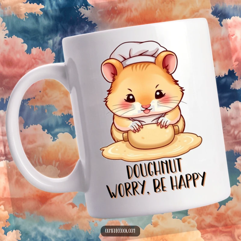 Funny hamster chef mug, a determined character intensely rolling dough with small paws, showcasing adorable focus and baking passion.
