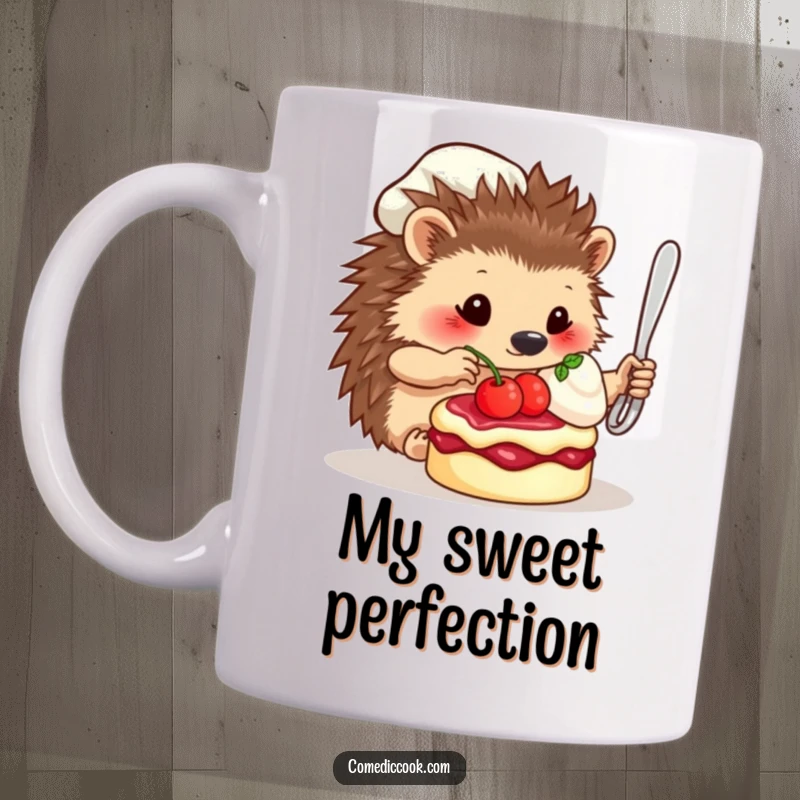 Funny Mug: A cute hedgehog chef delicately places a berry on a tiny dessert, showcasing precision and culinary passion.
