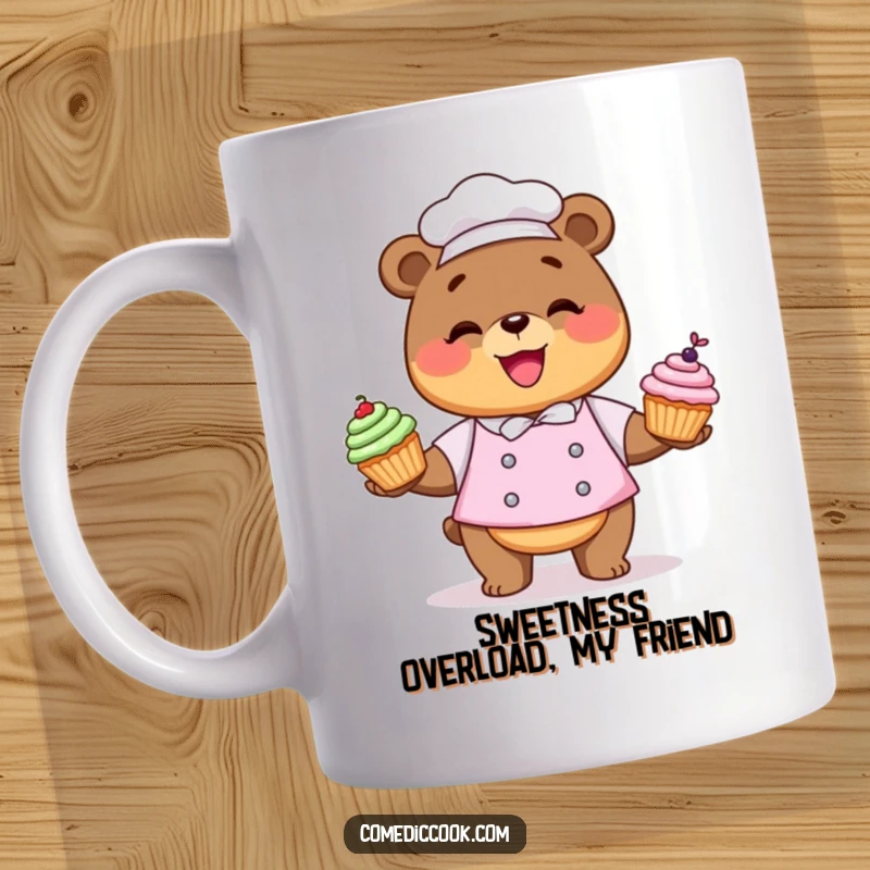 Funny Kawaii bear chef mug with a happy character juggling colorful cupcakes, full of joy.
