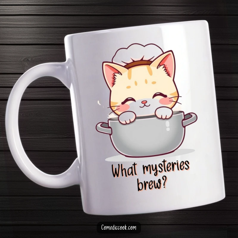 Funny Kawaii cat chef mug, curiously peeking into a steaming pot. Great gift for feline foodies and curious cooks.