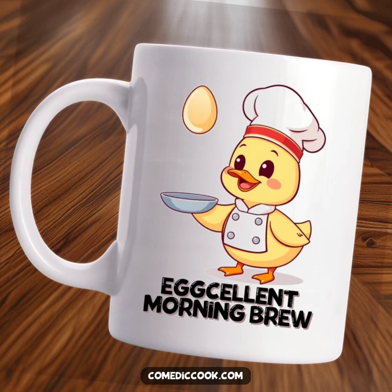 Funny Kawaii duck chef mug, a giggling duck in a chef hat trying to catch a flying egg with a ladle, humorous kitchenware.