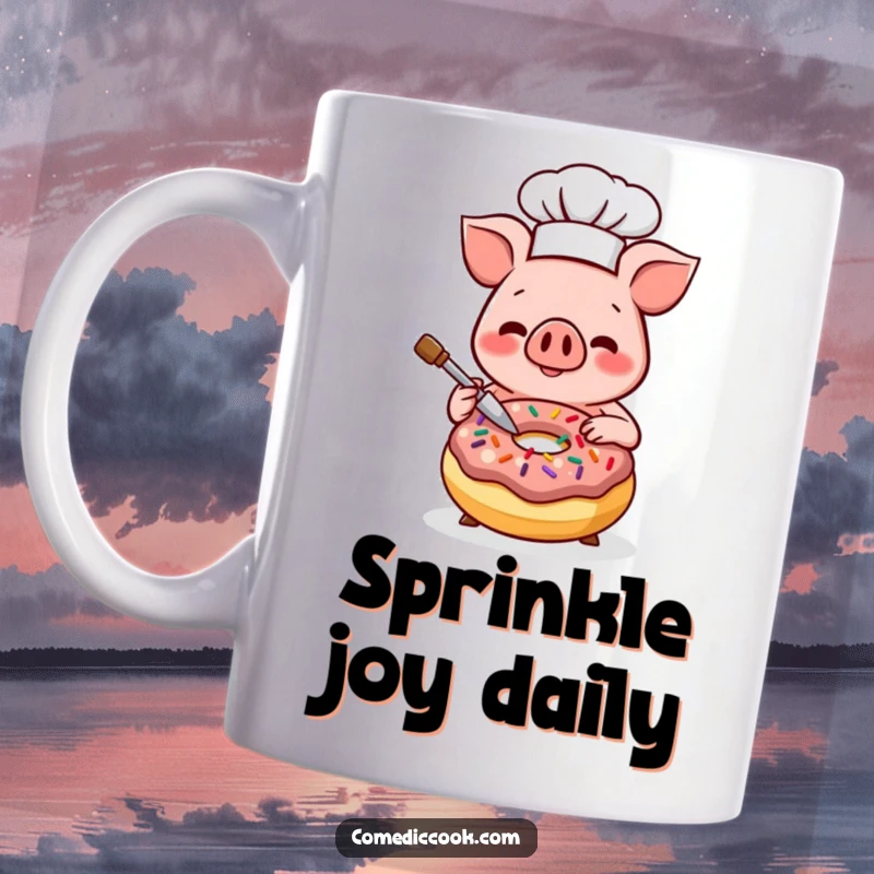 Funny Kawaii pig chef mug, smiling while decorating a donut with sprinkles. Joyful baker and sweet treat lover gift.