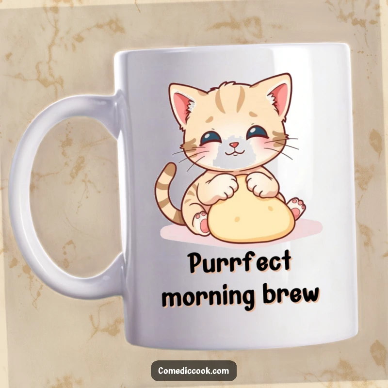 Funny kitten mug with a playful kitten gracefully kneading dough with tiny paws, celebrating bakers and cats.