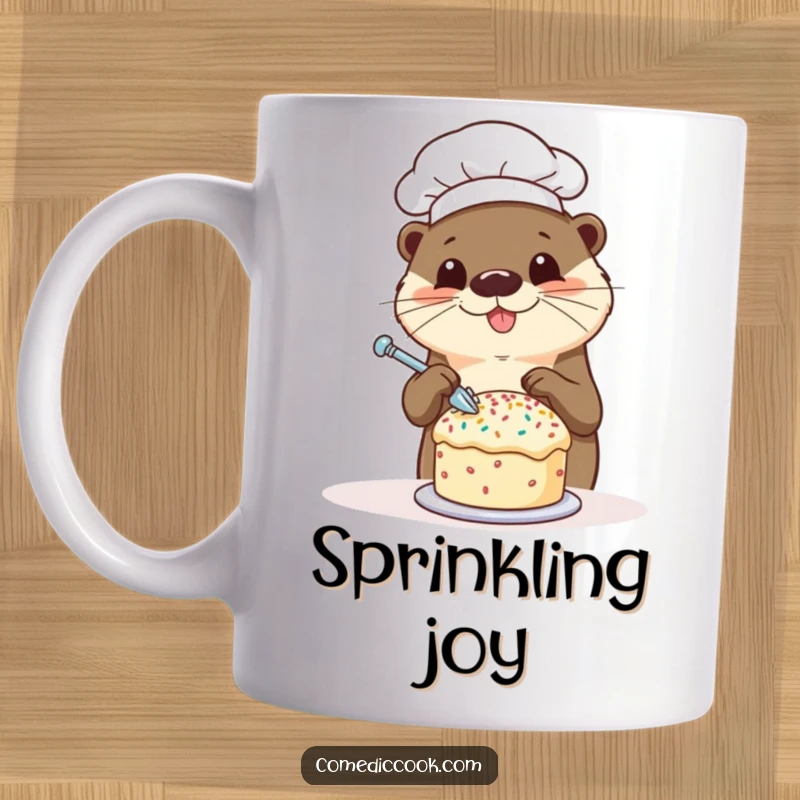 Funny otter chef mug featuring a happy otter decorating a tiny cake with sprinkles, perfect for baking enthusiasts and lovers of cute designs.