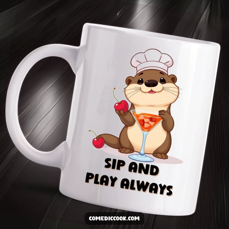 Funny Otter Chef Mug: A playful otter chef tosses a cherry into a cocktail glass, a scene of delightful mixology.