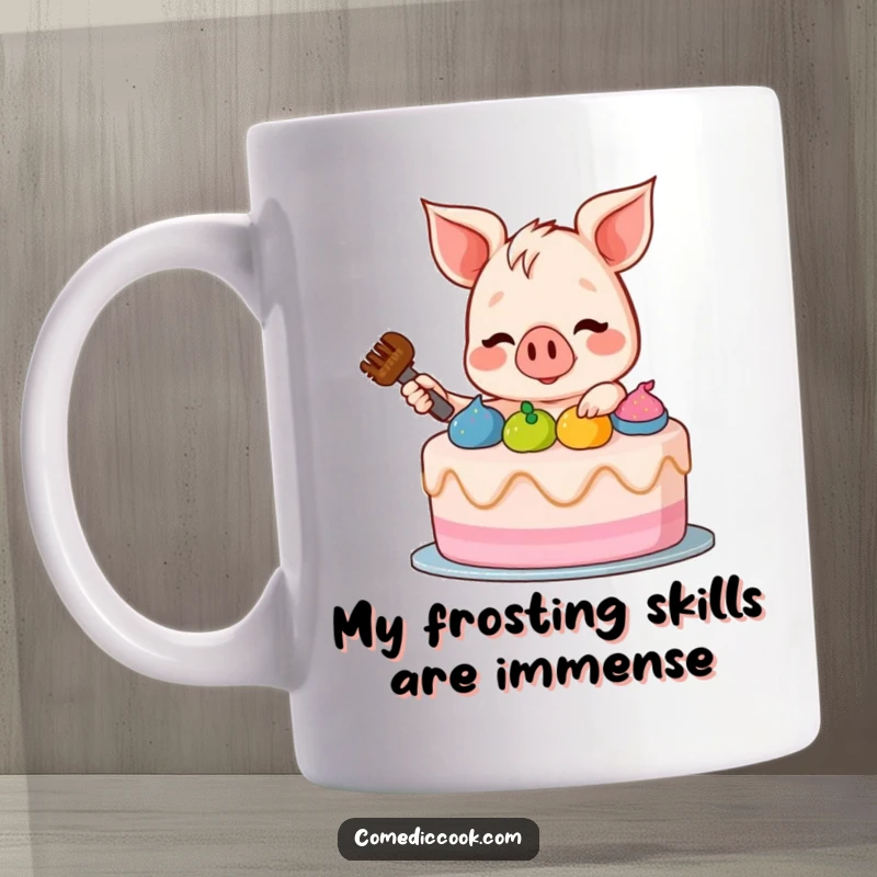 Funny Piglet Mug: A joyful piglet happily decorating a cake with vibrant frosting, spreading cheer with every swirl, perfect for baking lovers.