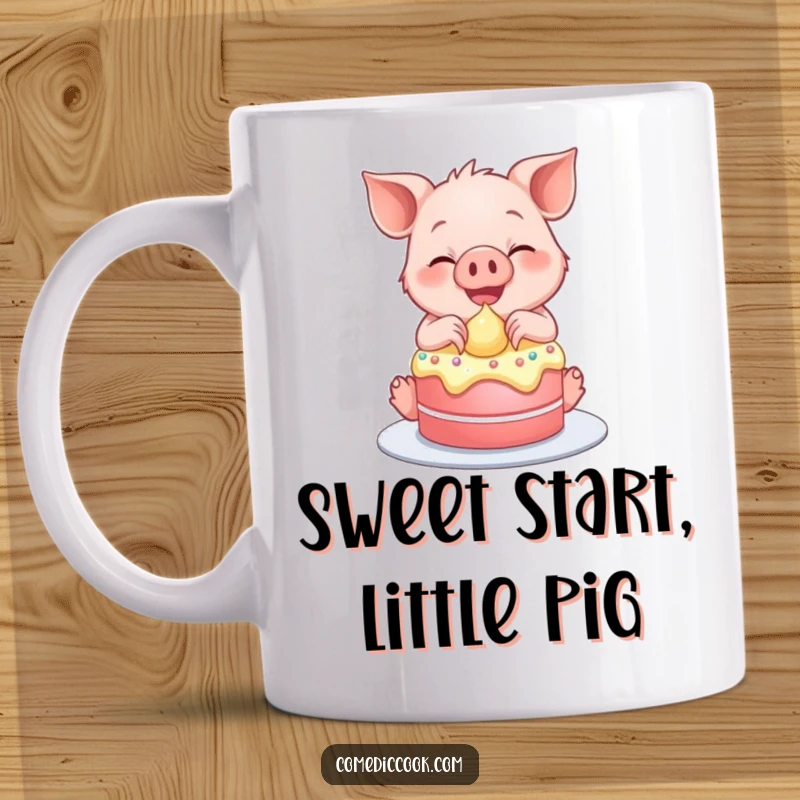 Funny mug featuring a smiling piglet gleefully frosting a tiny cake with enthusiasm.