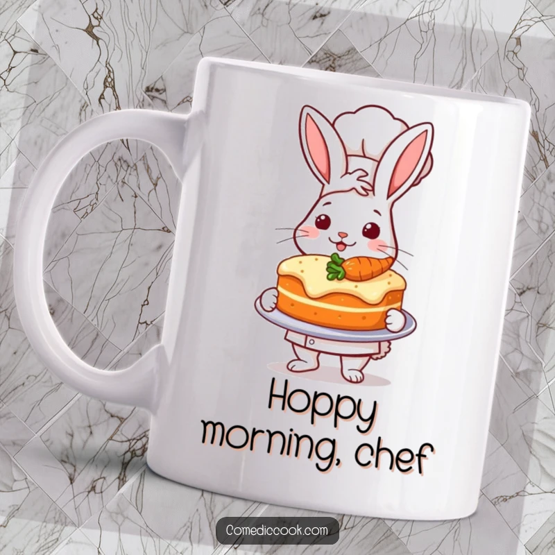 Funny mug featuring a proud rabbit chef presenting a perfectly baked carrot cake with a smile.