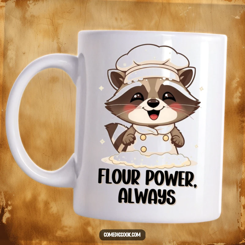 Funny Raccoon Chef Mug: A mischievous raccoon covered in flour, giggling uncontrollably after a baking mishap.