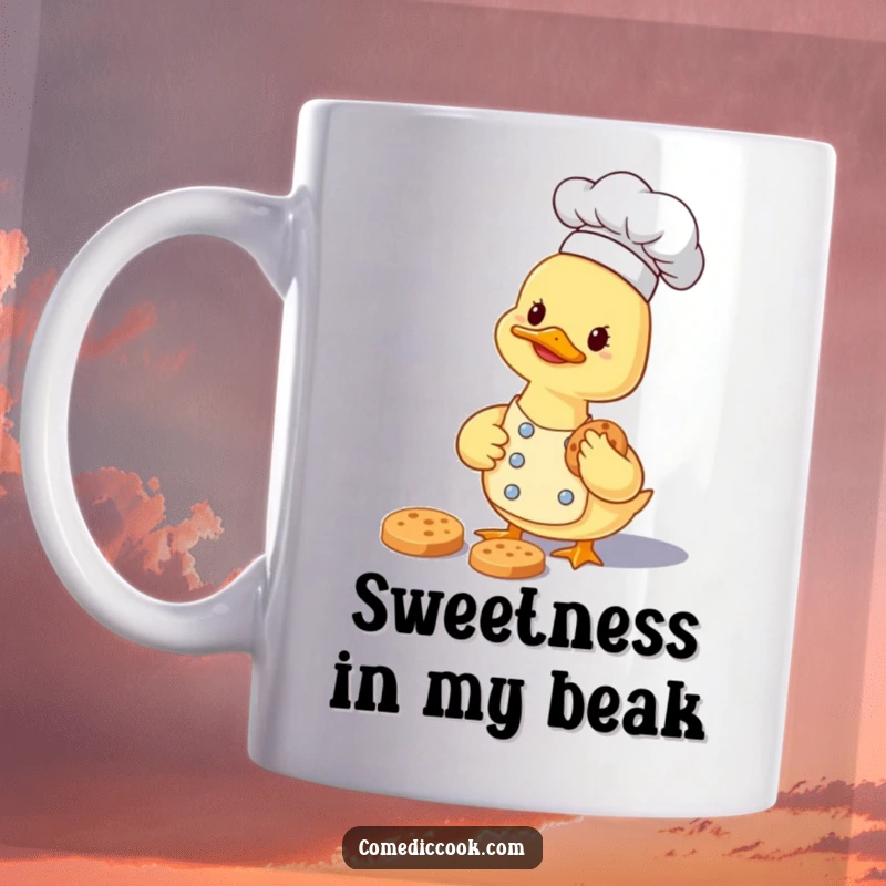 Funny smiling duckling chef carefully gathering a tiny cookie on a mug, radiating joy.