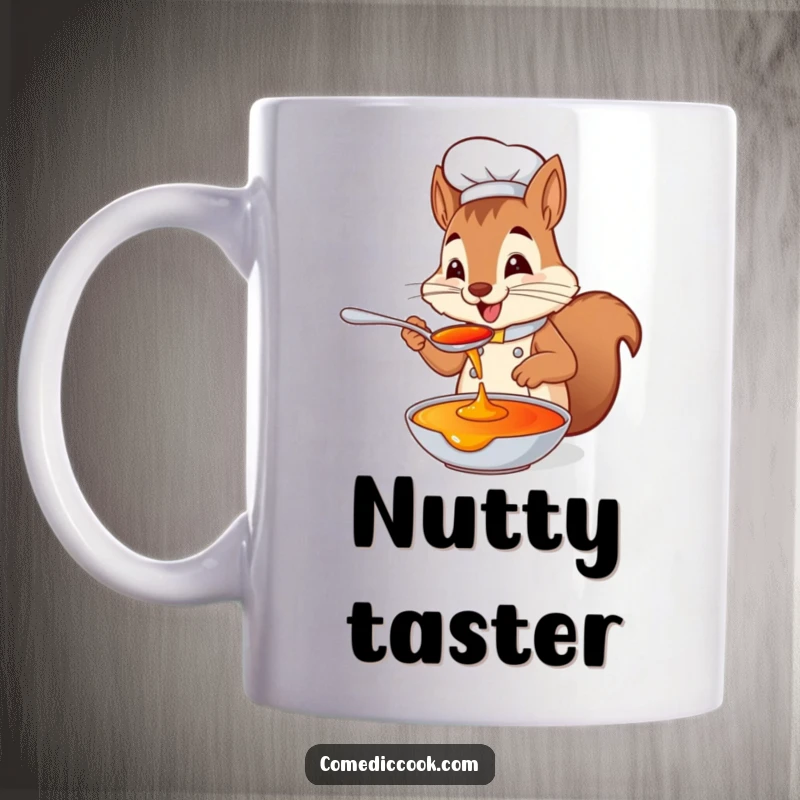 Funny squirrel chef mug featuring a playful squirrel tasting sauce from a spoon with delight, perfect for food lovers and enthusiasts of funny designs.