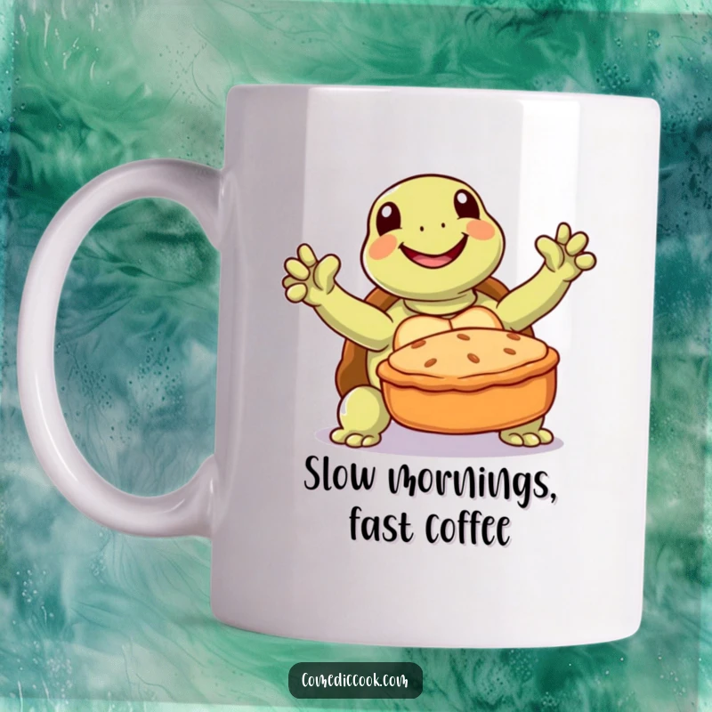 Funny turtle mug with a joyful turtle triumphantly presenting a baked pie, celebrating bakers and patience.