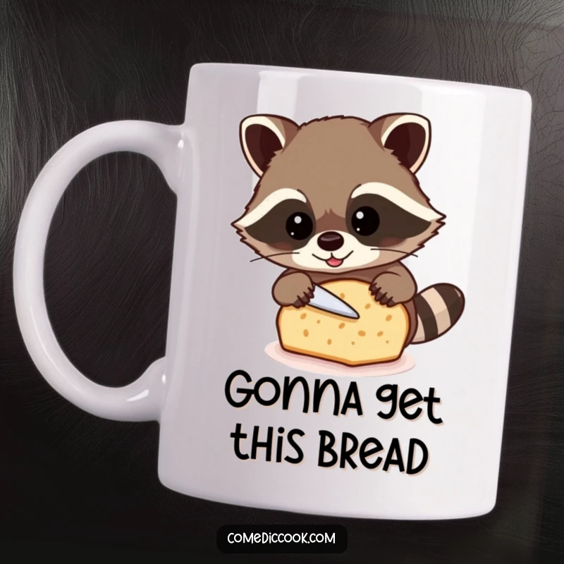 Funny raccoon mug with a beaming raccoon carefully slicing a loaf of bread, celebrating baking enthusiasts.