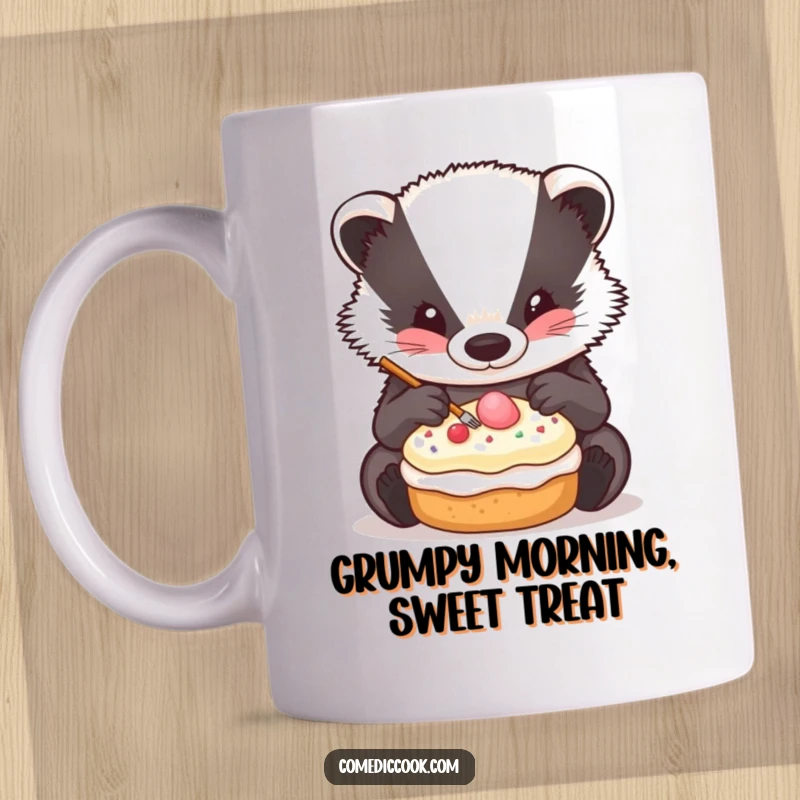 Funny Badger Decorator Mug showing a badger carefully decorating a tiny pastry with intense concentration.