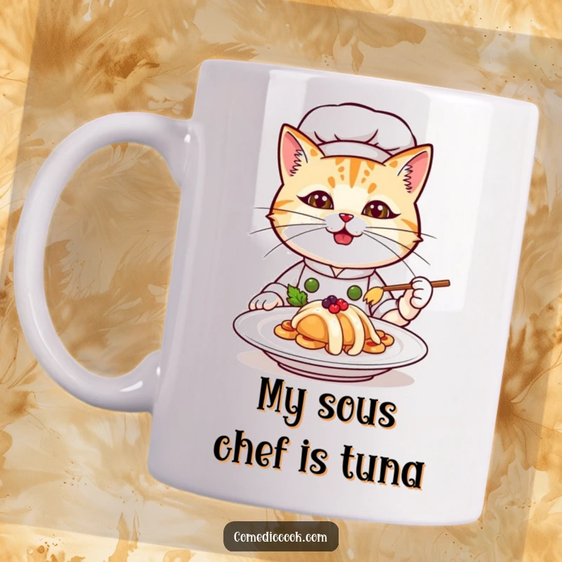 Funny cat chef mug, a determined feline artist plating food with pride, showcasing culinary skill and humor.