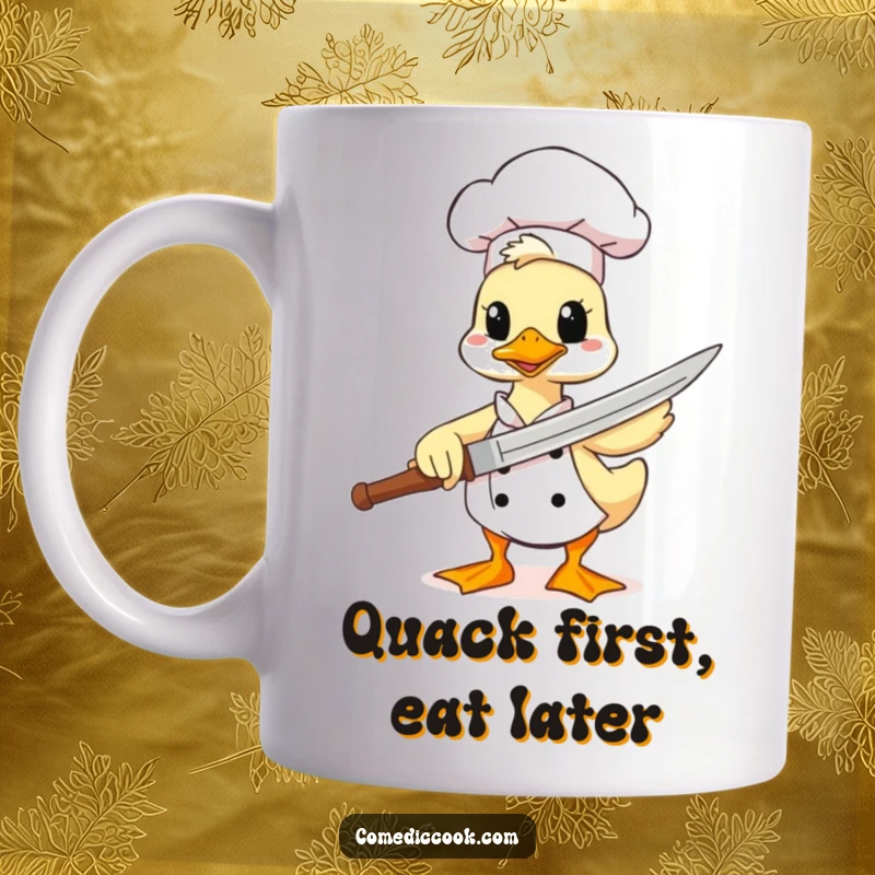 Funny duck chef mug, a comical character brandishing a spatula as a sword, celebrating kitchen bravery and humorous culinary combat.