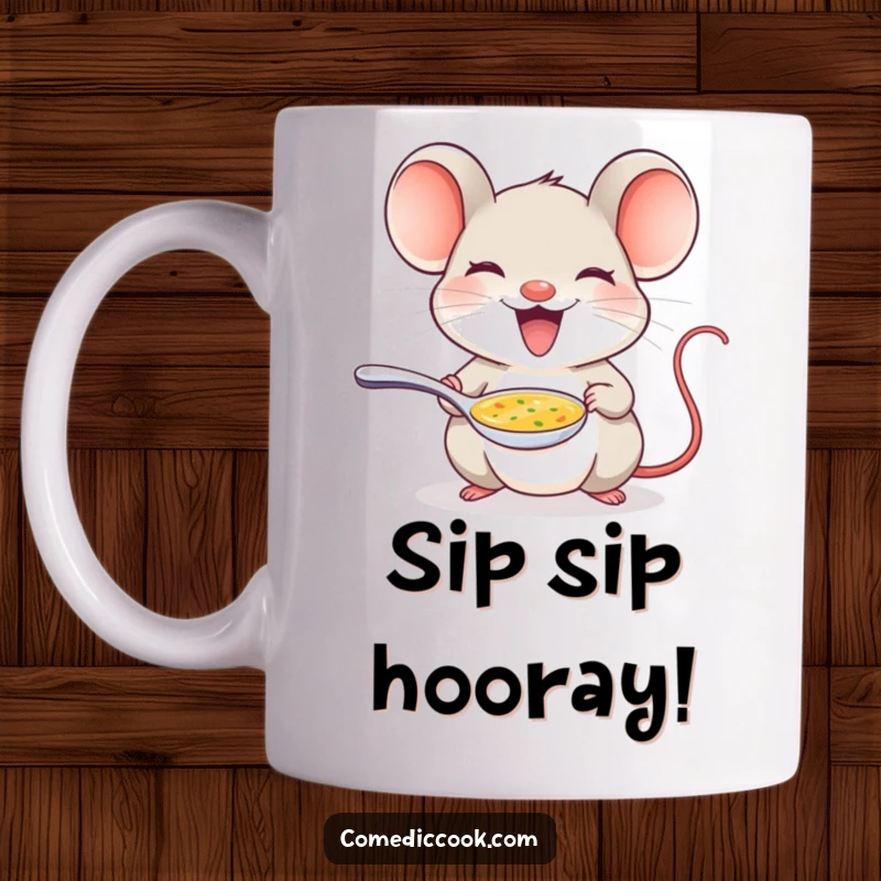 Funny mouse mug with a delighted mouse offering a tiny spoon of soup, celebrating chefs and food lovers.