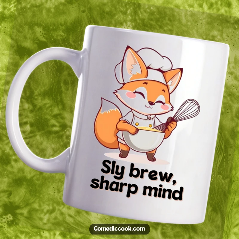 Funny Fox Chef Mug showing a sly fox in chef attire playfully winking while whisking ingredients.