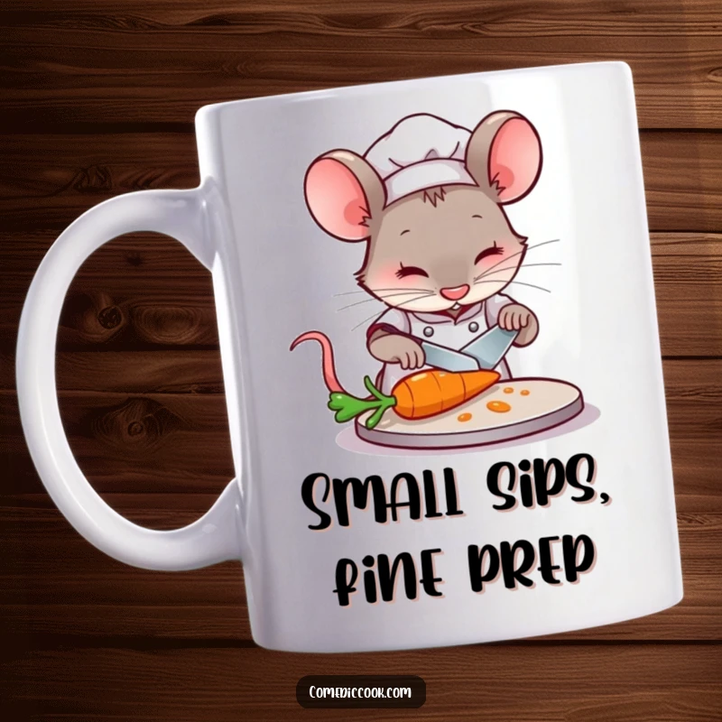 Funny Mouse Chef Mug: A concentrated mouse chef carefully slices a tiny carrot with a small knife, showcasing culinary dedication.