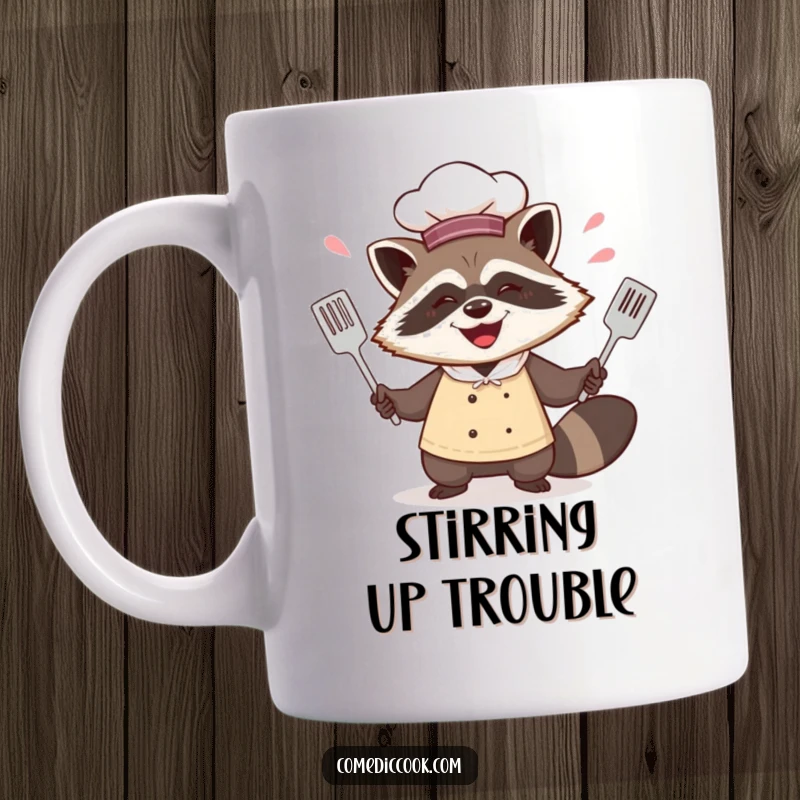 Funny happy raccoon chef mug juggling spatulas with a mischievous grin, showcasing culinary hijinks and a playful personality.