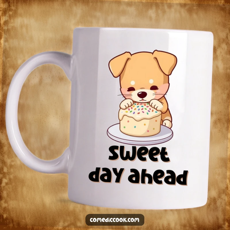 Funny mug showing a focused dog carefully placing sprinkles on a small cake, celebrating patience and baking artistry with a humorous touch.