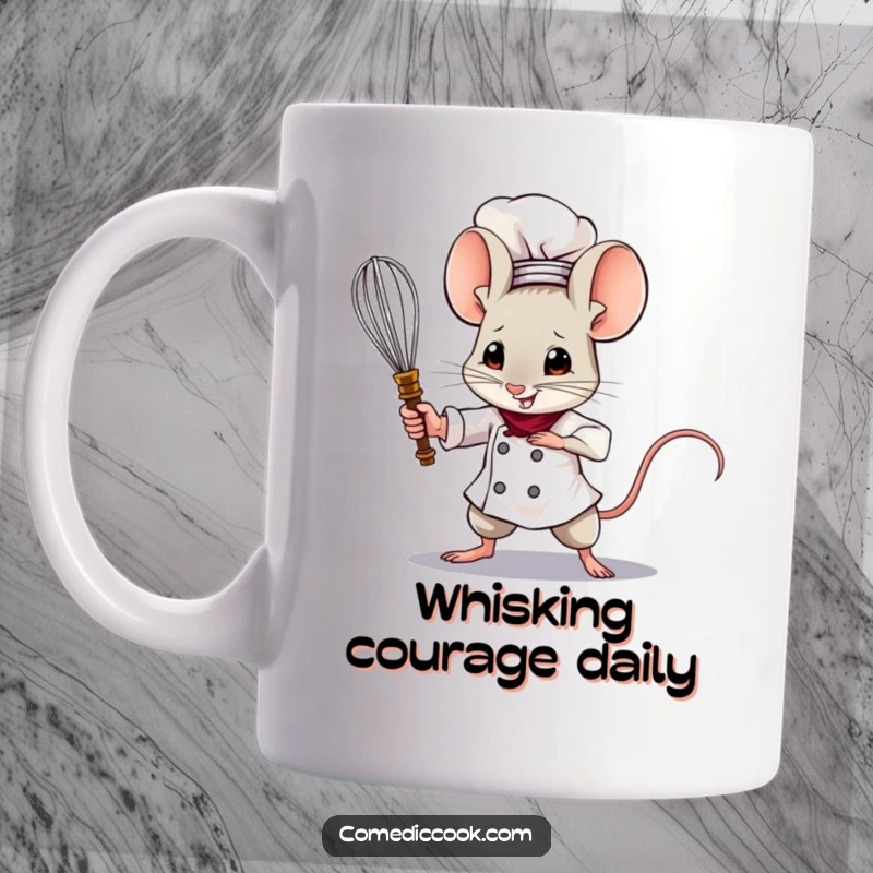 Funny Mouse Chef Mug shows a brave mouse chef courageously wielding a tiny whisk as if it were a sword, ready for kitchen battles.