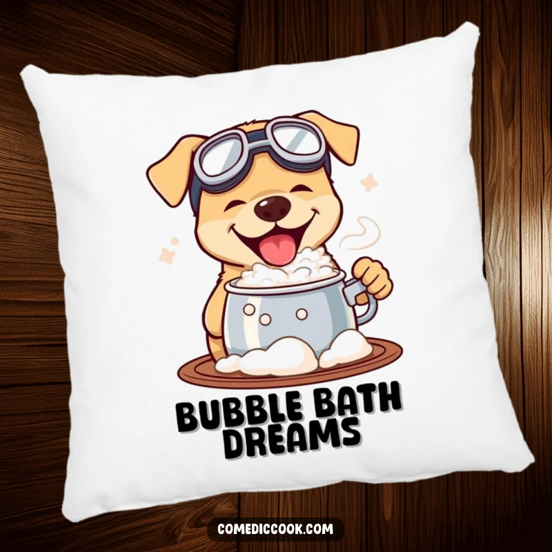 Funny pillow with a dog wearing goggles, tasting a bubbling pot, offering comfort and a humorous touch for adventurous souls and living spaces.