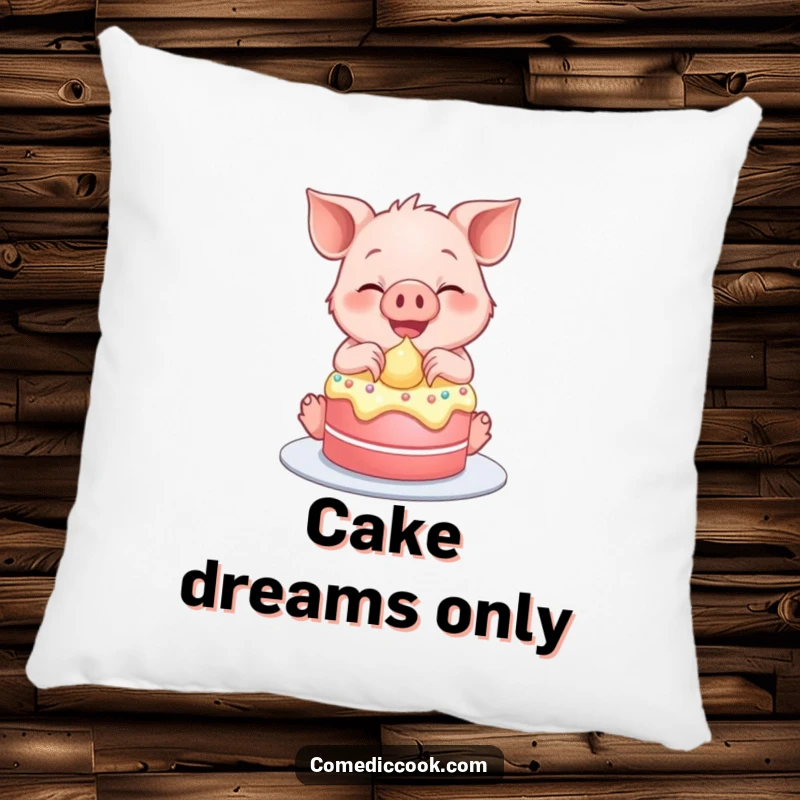 Funny pillow with a smiling piglet gleefully frosting a tiny cake, a sweet accent.