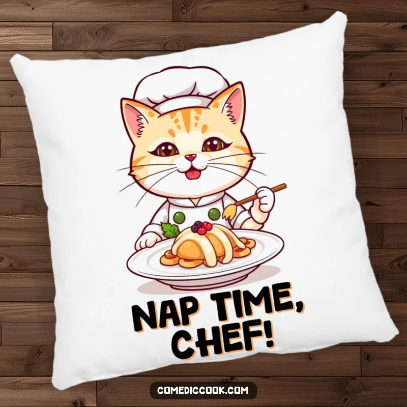 Funny cat chef pillow, a determined kitten chef holding a beautifully plated meal, offering comfort and kitchen-themed humor.