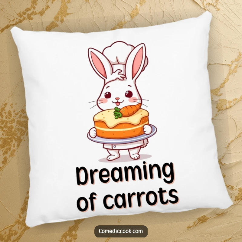 Funny pillow with a proud rabbit chef presenting a perfectly baked carrot cake, a baking accent.