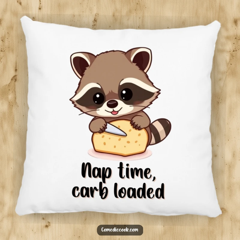 Funny raccoon pillow featuring a beaming raccoon carefully slicing a loaf of bread, adding comfort and humor.