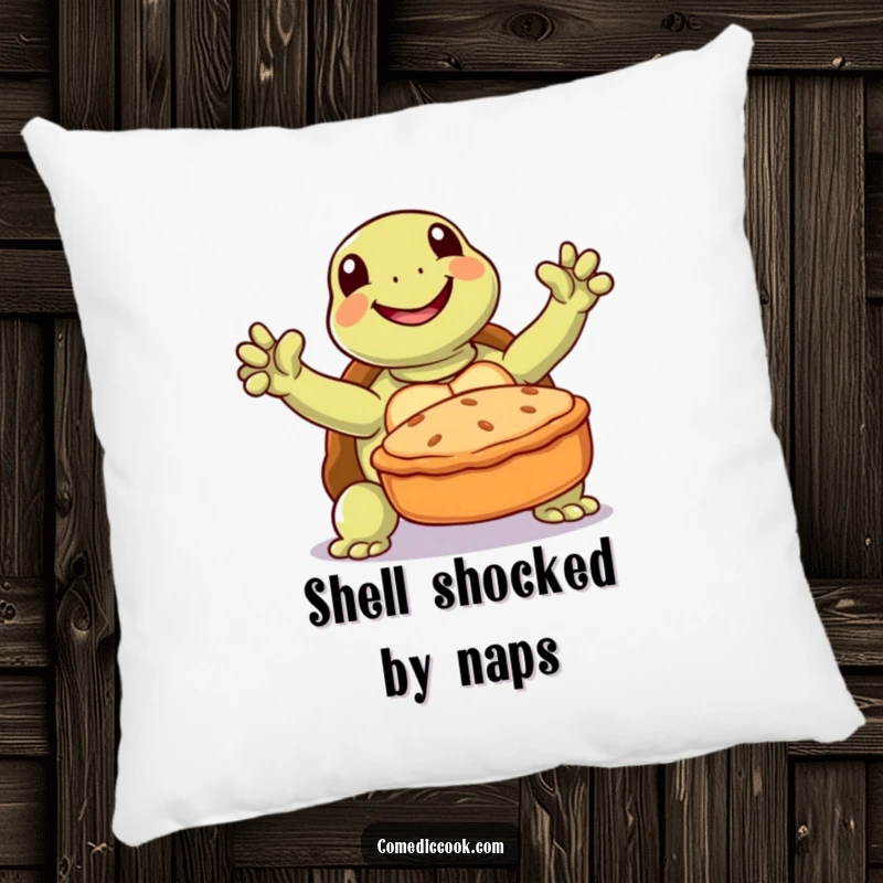 Funny turtle pillow featuring a joyful turtle triumphantly presenting a baked pie, adding comfort and humor.
