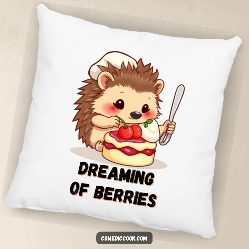 Funny Pillow: A plush pillow featuring a whimsical hedgehog chef carefully placing a berry on a miniature cake.