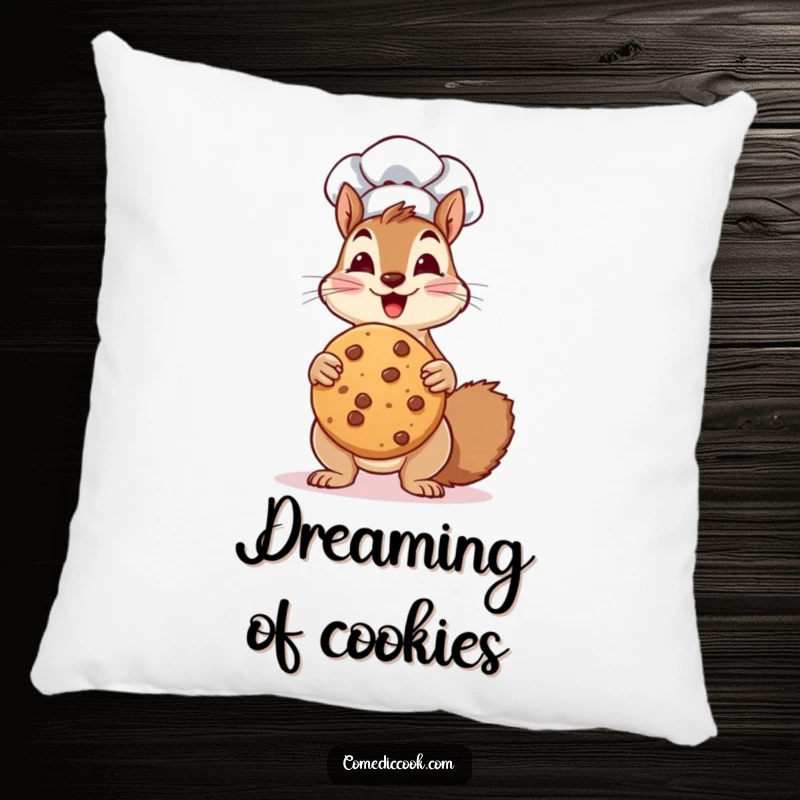 Funny Pillow: a squirrel chef enthusiastically holds a giant cookie, offering a humorous and comforting decorative accent.