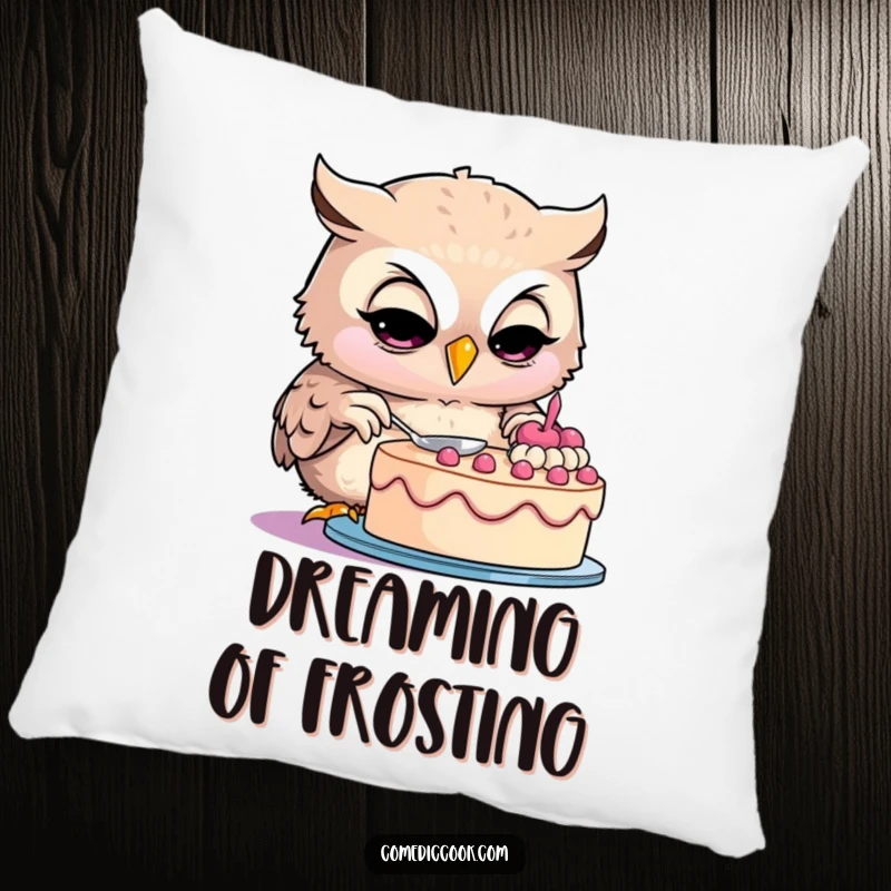 Funny owl pillow featuring a smiling owl baker intensely decorating a cake, adding comfort and humor to any room.