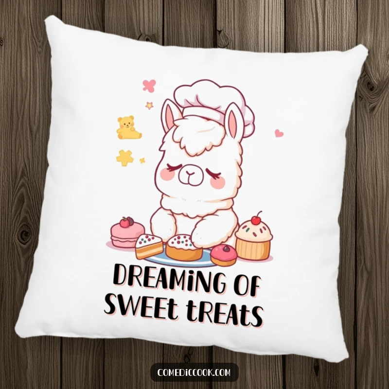 Funny Alpaca Chef Pillow: A plush pillow featuring a sleepy alpaca chef dreaming of delightful pastries.
