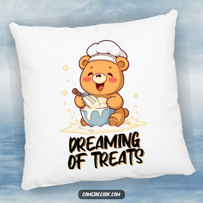 Funny pillow with a kawaii chef bear whisking batter in a flour cloud, providing a soft and humorous decorative touch.