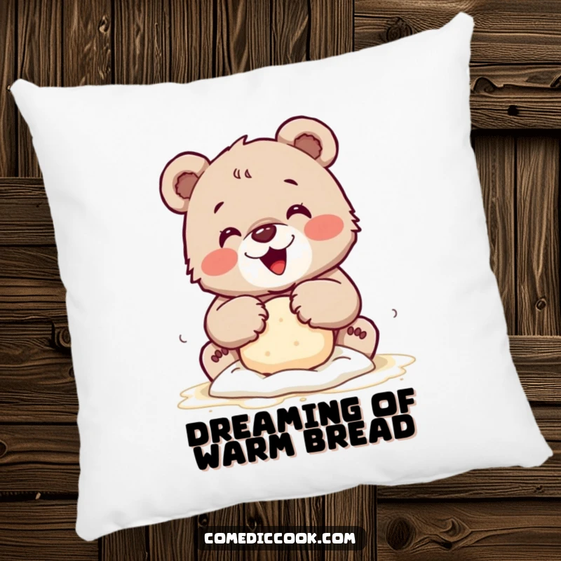 Funny pillow featuring a tiny bear cub kneading dough with floury paws, offering comfort and a charming baking theme.