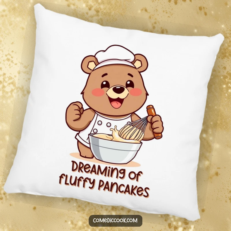 Funny bear chef pillow depicting him whisking batter with great enthusiasm, perfect for adding comfort and a splash of humor.