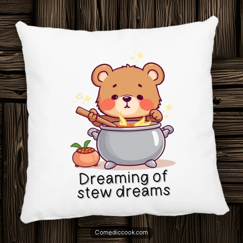 Funny Bear Cub Chef Pillow showcasing a sweet bear cub stirring a soup cauldron, ideal for cozying up.