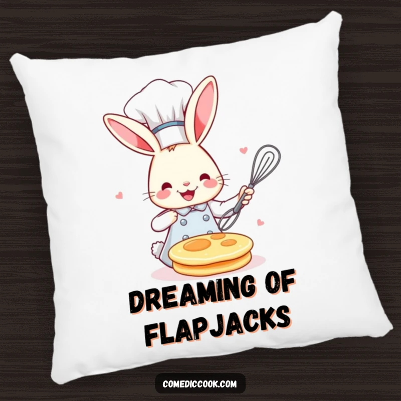 Funny bunny chef character, wearing a toque and flipping a pancake, featured on a soft, decorative pillow for a cozy, humorous touch.