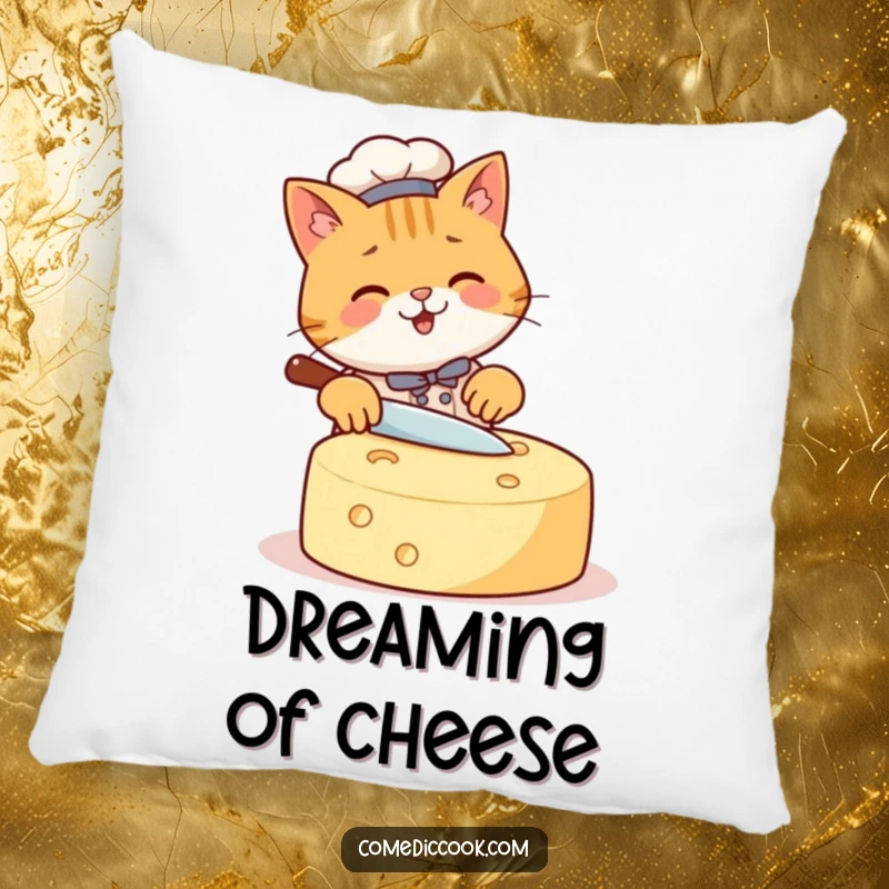 Funny Cat Chef Pillow featuring a happy cat slicing a giant cheese wheel, a soft, cuddly, and humorous decorative item.