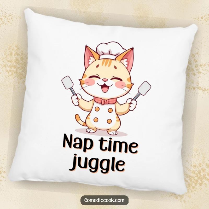 Funny cat chef character, juggling spatulas with a grin, featured on a soft, decorative pillow for a cozy, humorous touch.