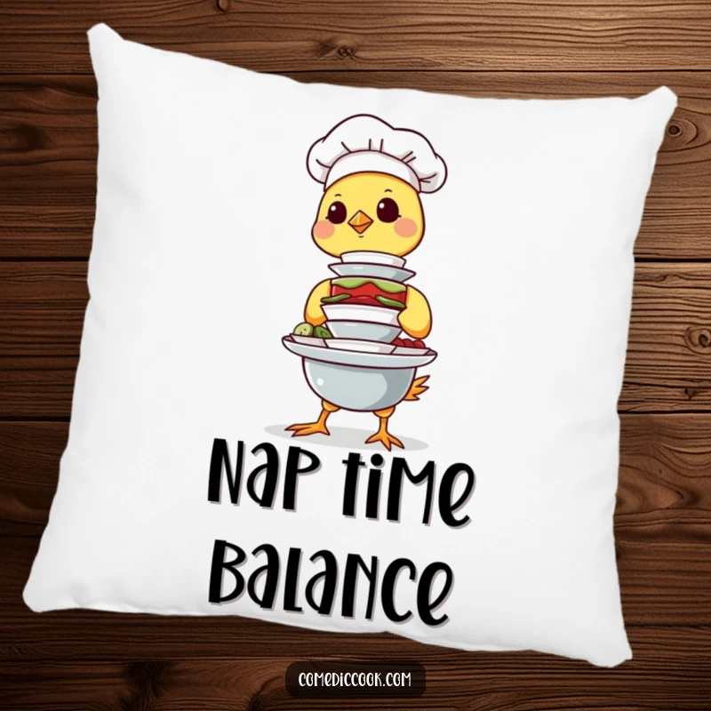 Funny Chick Chef Pillow featuring a determined chick balancing a stack of tiny dishes, a soft, cuddly, and humorous decorative item.