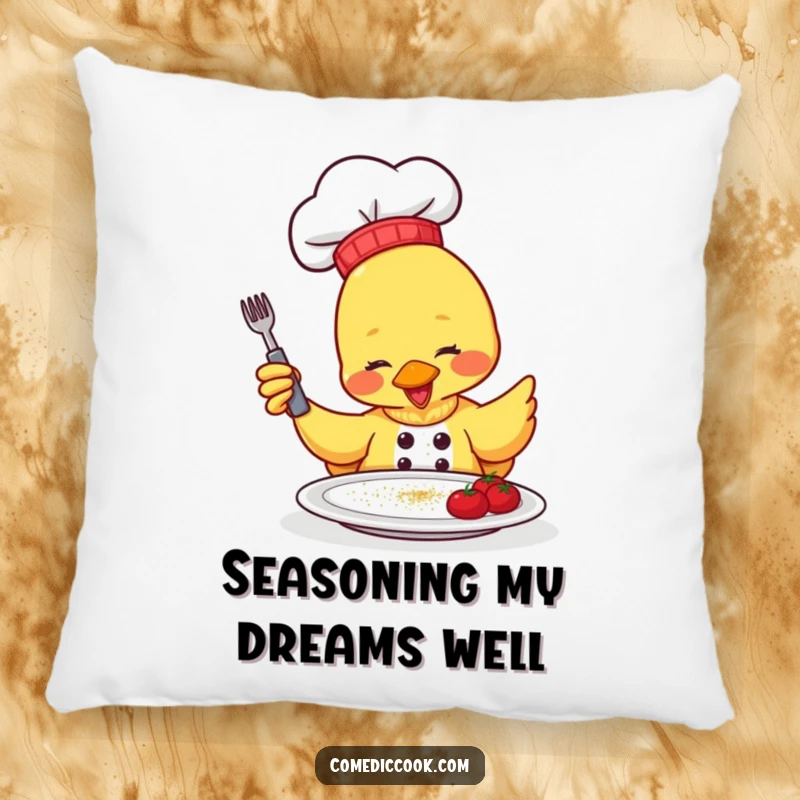 Funny Pillow: a duck chef gleefully sprinkles seasoning, offering a humorous and comforting decorative accent.