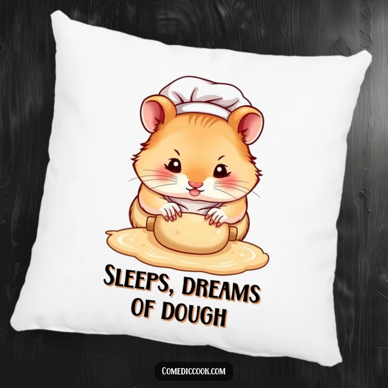 Funny hamster chef pillow, a focused character rolling dough with tiny paws, adding a touch of quirky comfort and baking charm.