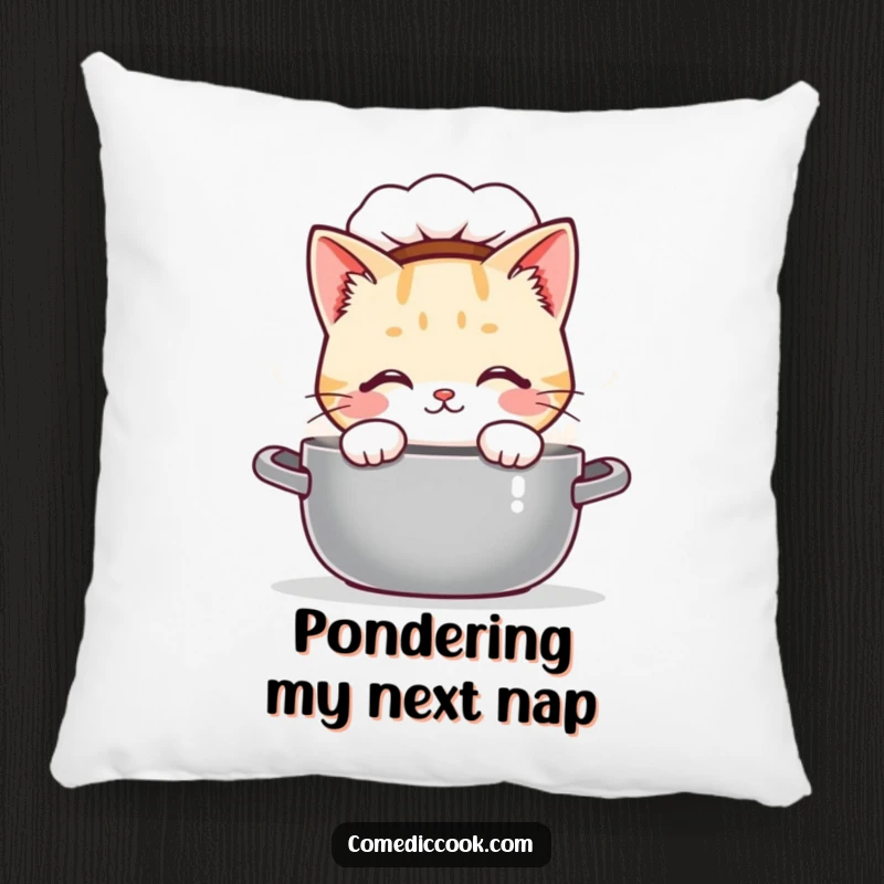 Funny Kawaii cat chef pillow, showing a curious cute cat peeking into a steaming pot. Soft, decorative cushion and a lovely funny gift.