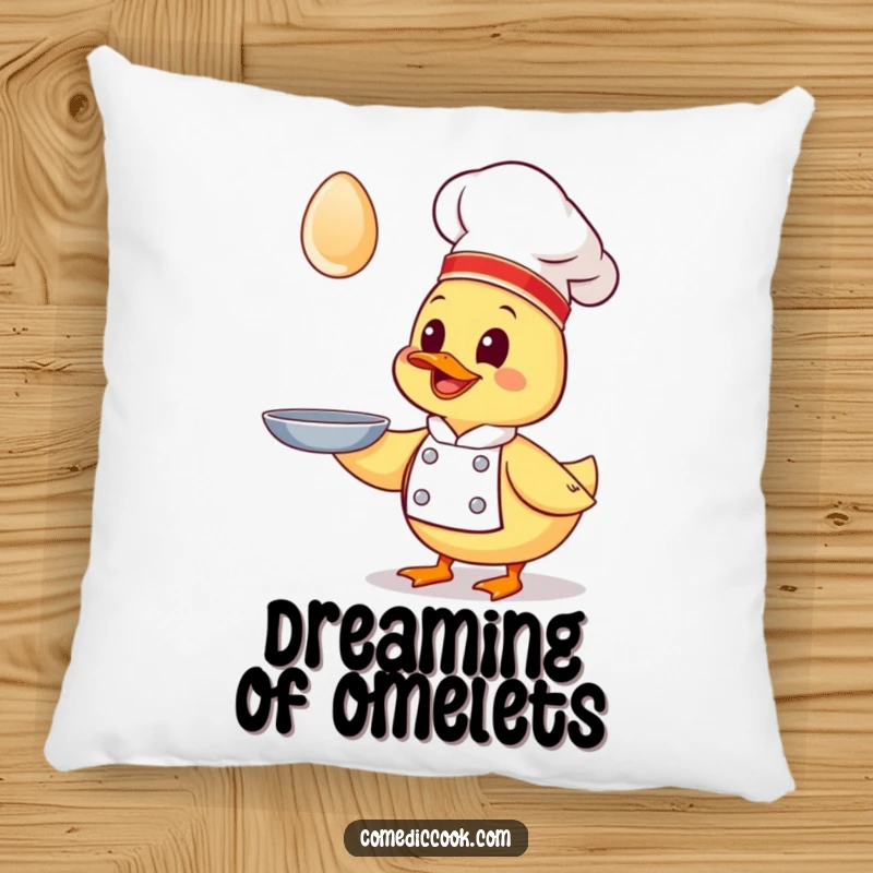 Funny Kawaii duck chef pillow, a giggling duck chef trying to catch a flying egg, soft and decorative cushion, cute funny gift.