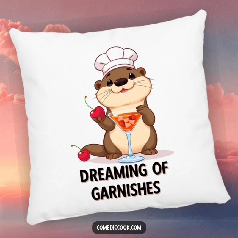 Funny Otter Chef Pillow: A playful otter chef tosses a cherry into a cocktail, a soft and hilarious decorative accent.