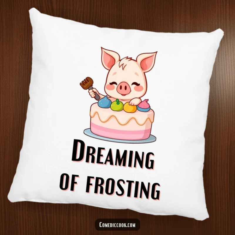 Funny Piglet Pillow: A soft, decorative pillow with a funny illustration of a piglet happily decorating a cake, bringing joy and comfort.